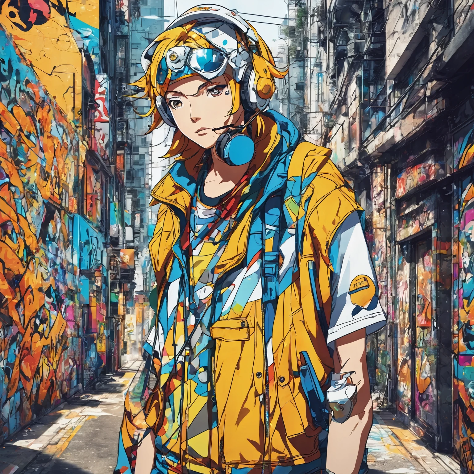 anime-style, Trigger Studio-Stil, manga art, Comics, Coloring, Graffiti Art, graphic, Poster in bright colors, Composition with the Golden Ratio, cool music guy