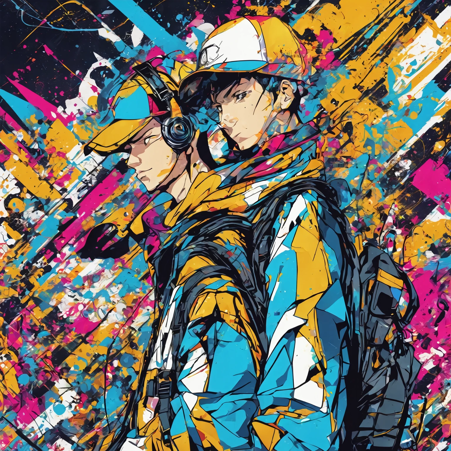 anime-style, Trigger Studio-Stil, manga art, Comics, Coloring, Graffiti Art, graphic, Poster in bright colors, Composition with the Golden Ratio, cool music guy