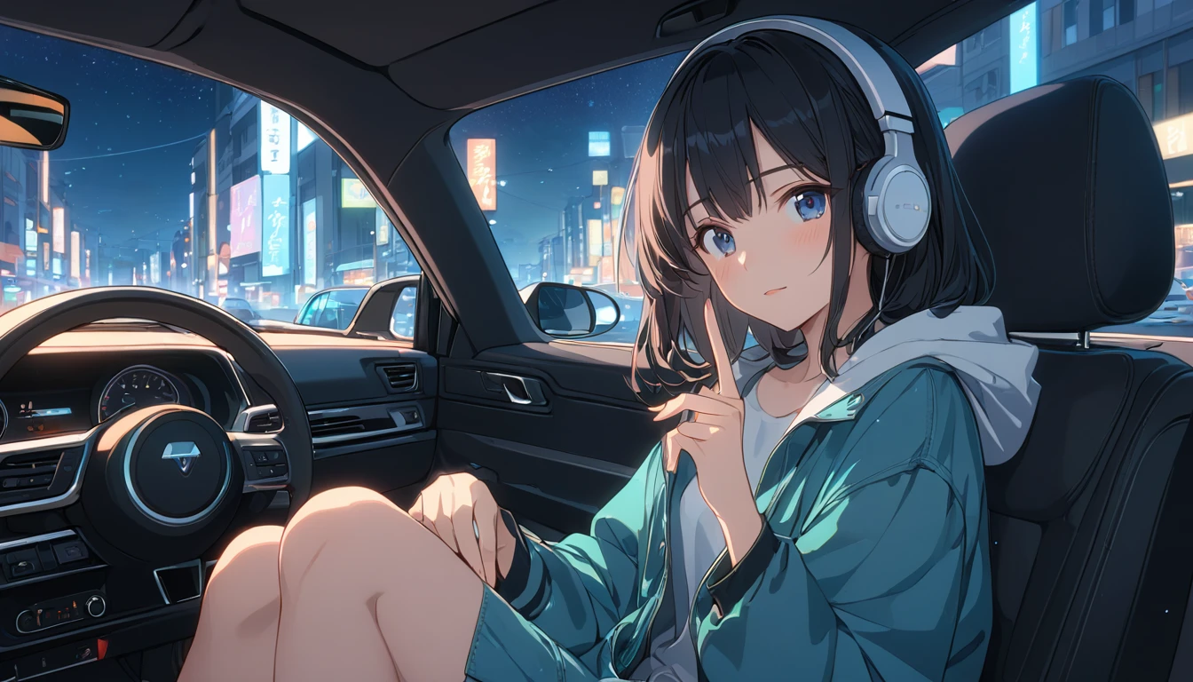 A Lo-Fi style anime image,black-haired girl wearing headphones、Scene background of driving through the city at night in the passenger seat of a car:Night city and car interior look:A costume with a relaxed expression looking outside:Casual jacket and denim pose:Sit in the passenger seat、Enjoying the city view:The rhythm of the street lights at night and the silence inside the car (Detailed fingers), (Emotional), (Breathtakingly beautiful), (main part:1.2 Whole body), (Anime Style), (Very detailed), (超High resolution, High resolution), (8k), (Complex and beautiful: 1.2)