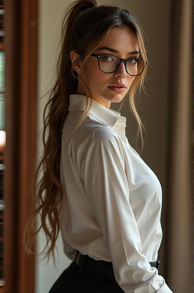 (masterpiece, best quality:1.2), detailed face, detailed eyes, elegant woman, long hair, high heeled, shiny skin, welcomes you at the door, dress shirt, pants, random collar, ponytail hair, cool attitude, cool glasses, exciting, cool, (perfect hands:1)
