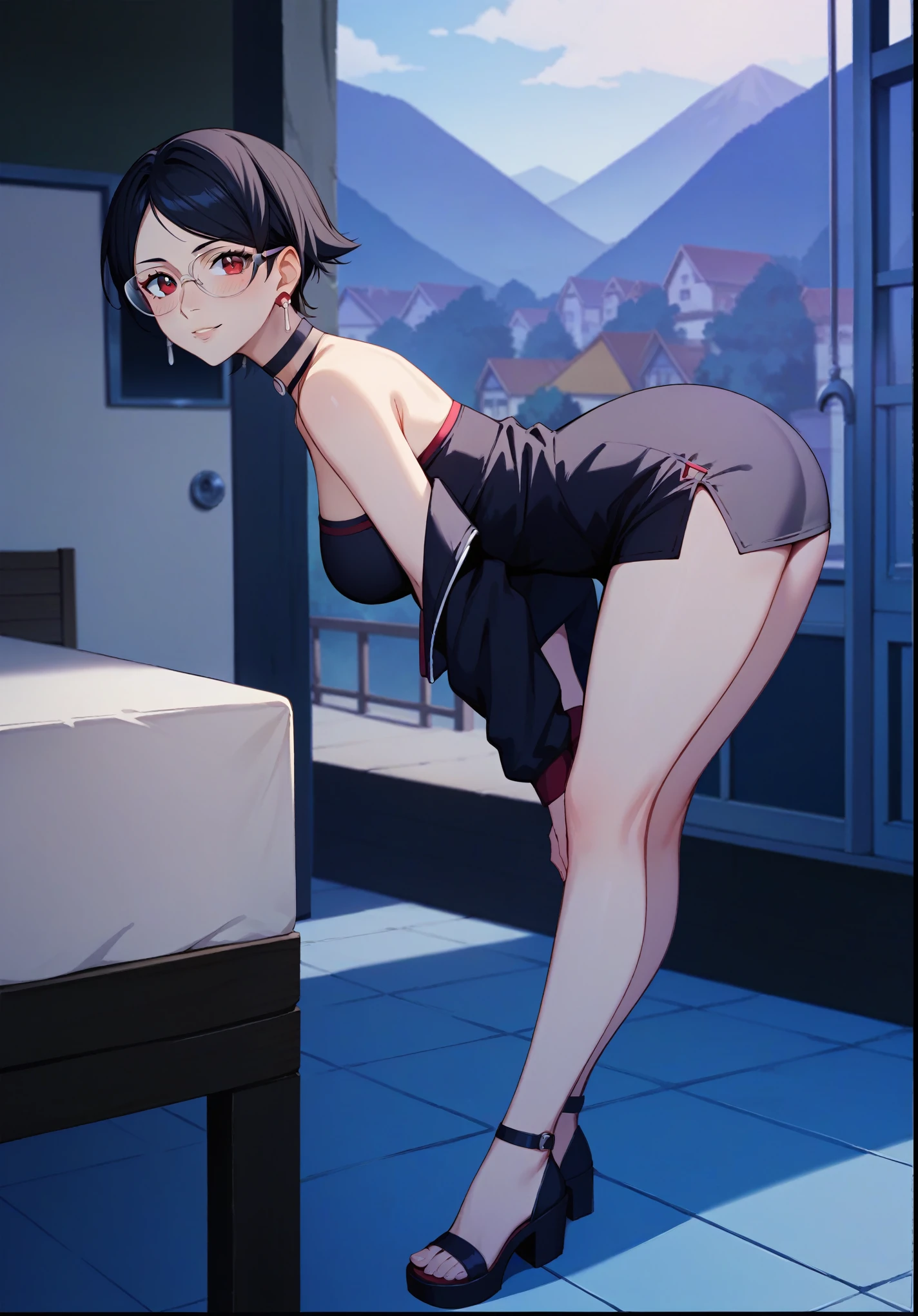 score_9, score_8_up, score_7_up, score_6_up, score_5_up, score_4_up, rating_questionable, , source_anime, digital illustration, pixiv, fanbox, uncensored, , BREAK, official art,
1girl, solo, mature female, sarada, black hair, red eyes, short hair, swept bangs, choker, glasses, earrings,
black jacket, black dress, off shoulder,  upper body, blush, waving,, outdoors, cowboy shot, looking at viewer, colorful, vivid, gaze looking at the camera,