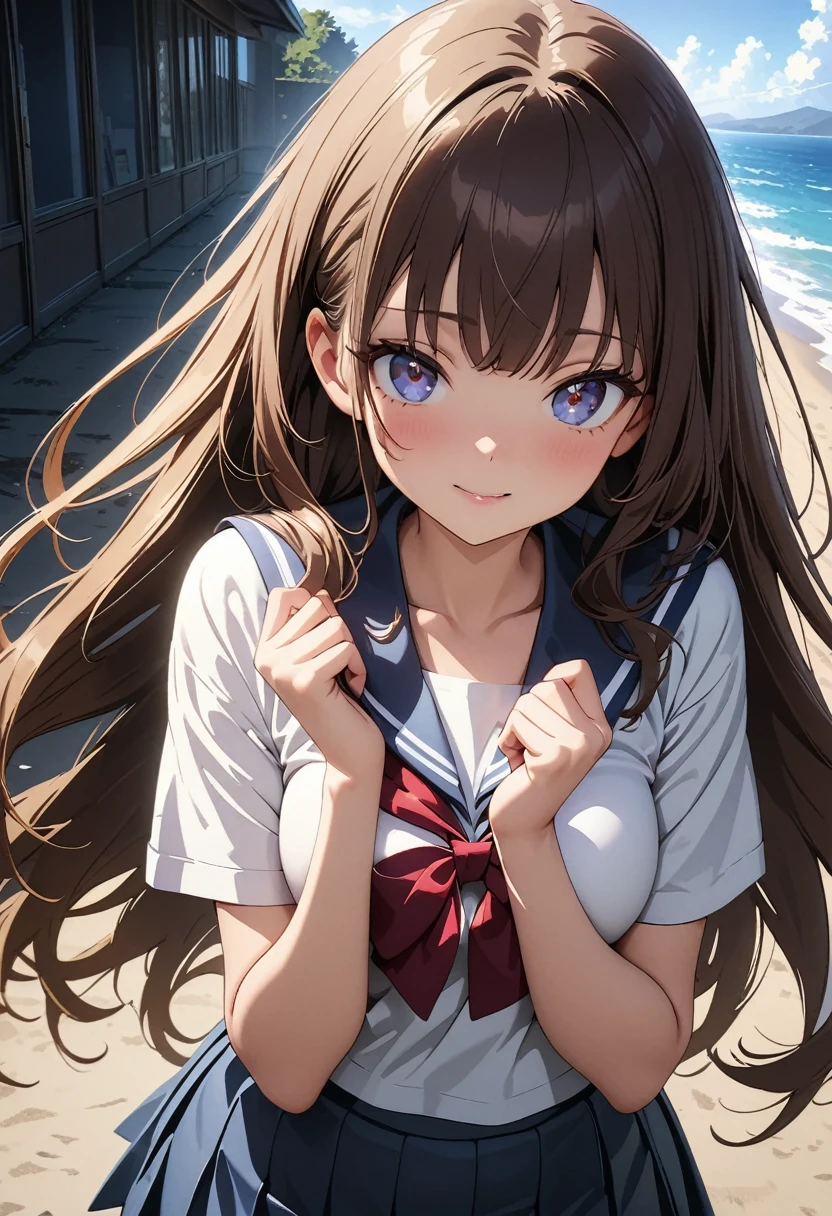 (best quality: 1.2, very detailed, high detail, latest, lively, masterpiece: 1.2, top quality, best aesthetic, perfect lighting, best shadow, high contrast, the best natural light), Anime artwork,
anatomically correct, perfect hands,
((attractive high school girl, 1 girl)),
(Japanese school girl uniform, Japanese sailor suit),
long straight hair, bangs, shiny dark brown hair,
(very small head:1.3), long body, long limbs, white skin, slender body, toned body,
sparkling dark eyes, moist eyes, (finely detailed beautiful eyes: 1.3),
seductive face, adorable face,
daytime, scenery, beautiful blue sky and ocean, natural light effects,
cowboy shot,
deep depth of field,