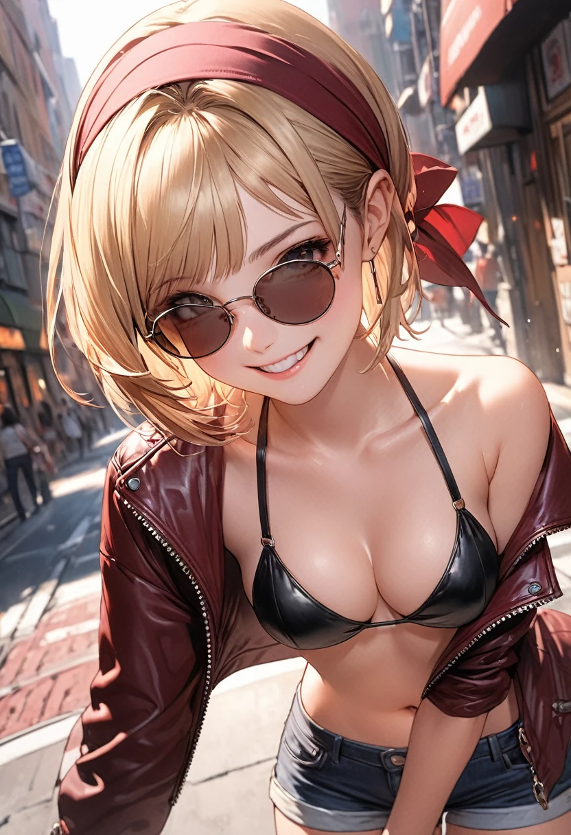 illustration, best quality, ultra detailed, detailed illustration, dynamic angle, 1girl, short blonde hair, sunglasses, head scarf, medium breasts, black bikini top, short shorts, maroon leather jacket, casual pose, flirty smile