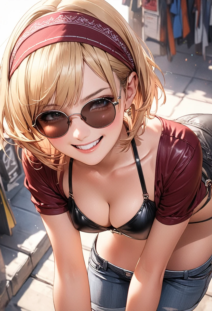 illustration, best quality, ultra detailed, detailed illustration, dynamic angle, 1girl, short blonde hair, sunglasses, head scarf, medium breasts, black bikini top, short shorts, maroon leather jacket, casual pose, flirty smile