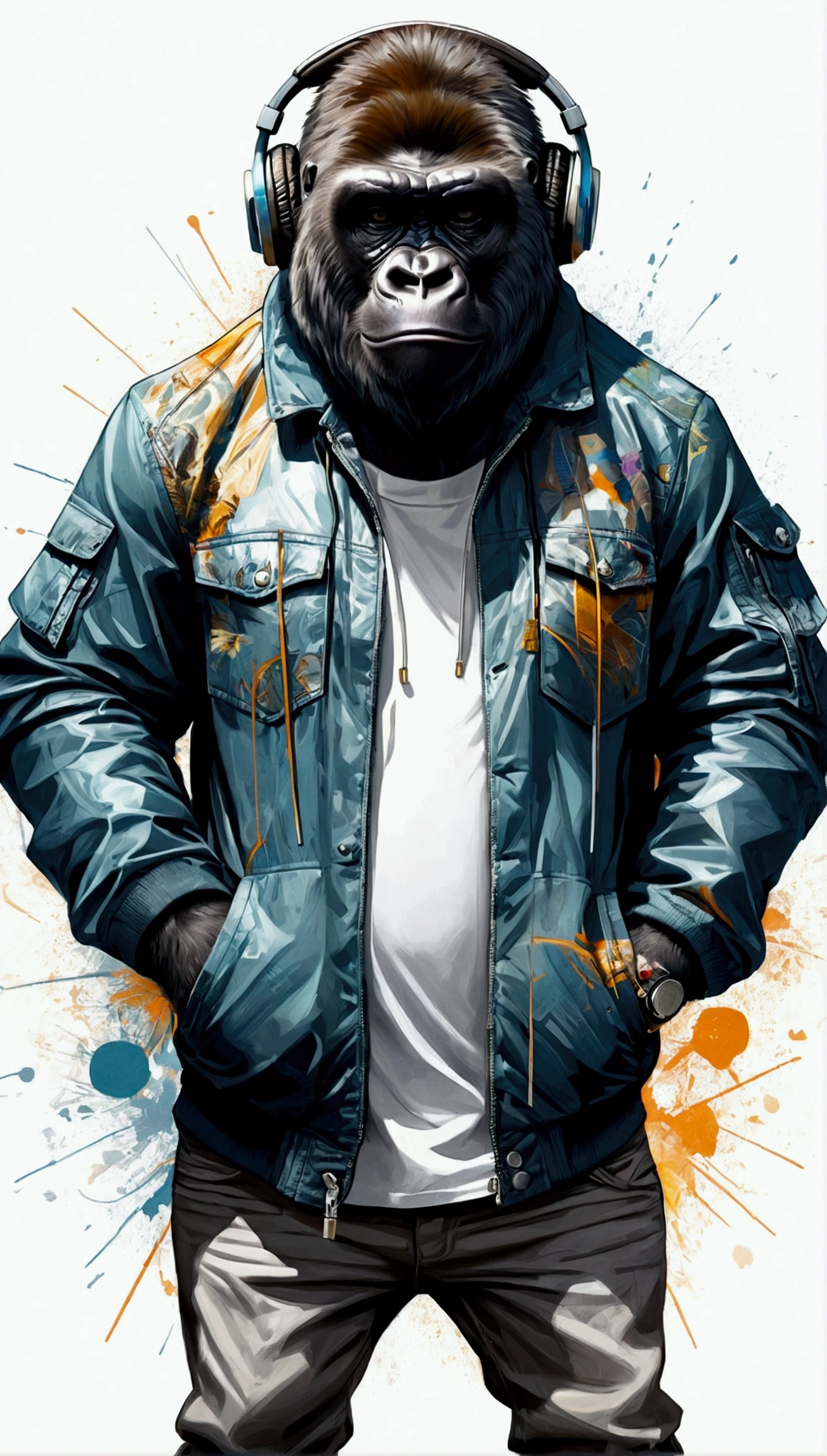 Perfect centering, Cute gorilla, Wear a student team jacket, Wearing sunglasses, Wearing headphones, cheerfulness, Standing position, Abstract beauty, Centered, Looking at the camera, Facing the camera, Approaching perfection, Dynamic, Highly detailed, Smooth, Sharp Focus, 8K, hight resolution, Illustration, art by carne griffiths and wadim kashin, White background
