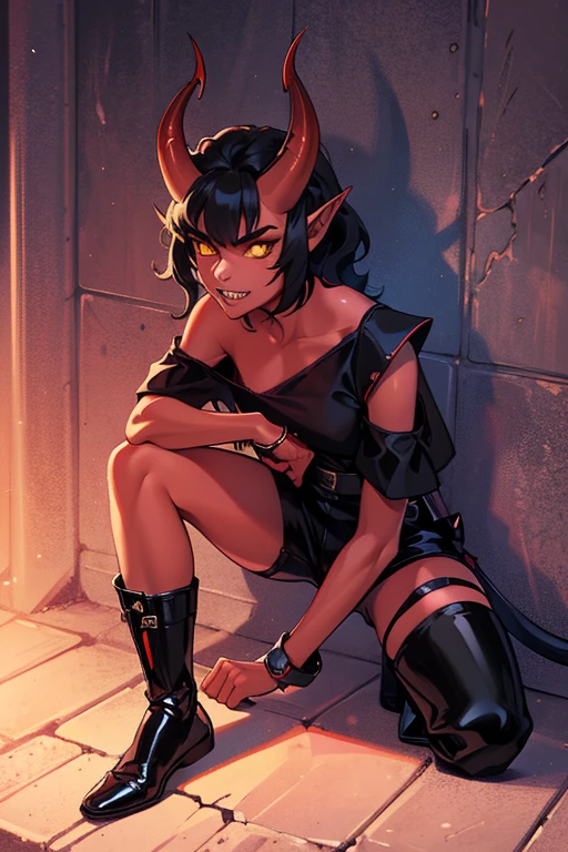 1 girl, tiflin, Redskin, yellow eyes, black sclera, pointy ears, red horns, short shoulder length wavy black hair, Sharp teeth, black sleeveless shirt, black shorts, black off shoulder sleeves, dishonest clothing, demon tail, black boots, dagger in hand, leaning on a wall, looks 25 years old