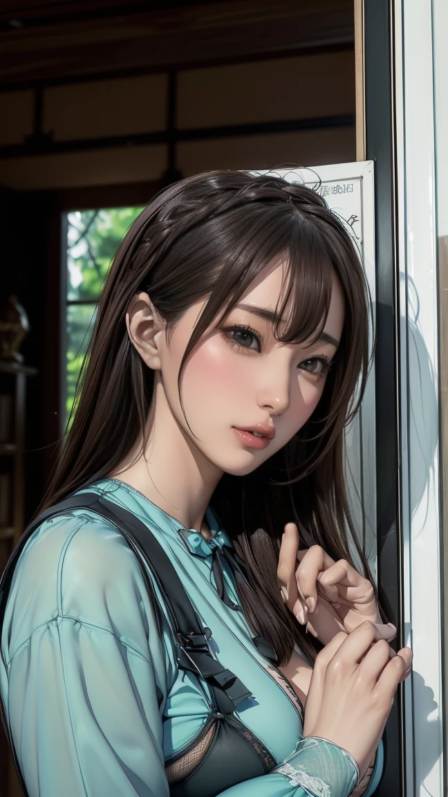 (8 o&#39;clock, 最好的quality: 1.2), Extremely detailed, solve it completely, (Practical, Practical photo: 1.37), portrait, HD RAW color photograph, Professional arrest, HD and beautiful, HD, 8 o&#39;clock Image wallpaper, Stunning details, Large file size, Very detailed的美丽的女孩, Extremely detailed face, (The eyes are very beautiful:1.8), The shape of the nose is very precise., Expressive lips,(((最好的quality)),(Ultra-high resolution),(Very detailed),(Detailed description),((Best CG)),(masterpiece),Highly detailed art,Amazing Art,(Contemporary art with precise details:1.5),Character Design Sheet, , character reference sheet, character turn around,masterpiece，quality，Best quality，1 Girl, suspicious expression,(Top-Heavy:1.2),(Huge breasts:1.6), (Top-Heavy:1.0),(bottom heavy:1.1),  Joyful victory jump pose, (From the front:1.1),Pretty Face, The gaze, Glowing skin, blush, Eyeliner, Eyeshadow, eyelash, Looking at the audience, Island Background , Brown eyes,(  Medium Aqua Braided Bun Hairstyle),light, Sunlight, volume,  Beautiful hands, Perfect hands, Absolutely great opportunity, role play_Bible Black_Uniforms_My own husband, Pleated Skirt, Long sleeve, tie, mini skirt, High Leg Raise, red tie, Vest, Sling wow，Garter stockings，(Camel toe:1.3),(g-string:1.6), garter straps garter belt:1.3),( fishnet stocking:1.5),