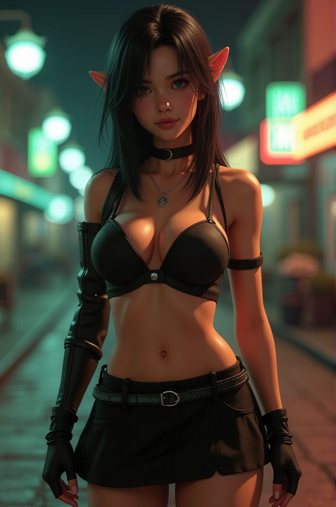 (8k、highest quality、MASTERPIECE:1.2)、(photorealistic:1.3 of 7)、Super Detailed、girl 1 person、mature、solo、(Tifa Lockheart)、(big chest)、(((huge lift clothes to show bra)))、(((black bra)))、(beautiful eyes)、(smiling:1.2)、(Closed)、erotic pose、dance、neons、street scenery、Depth Of Field、Dark and strong shadows、Sharp focus、auto、motion blur、bike、Depth Of Field、composition、Glowing green light、Final Fantasy VII, (nose blush)、Single Elbow Pad、Ankle Boots、dark black hair、toned thighs、red boots、Elbow Gloves、Elbow pads、Fingerless Gloves、Taut Shirt、sports bra、(suspenders), (Black Skirt)、thights、white tank top、All over body、head rest、Lips、Facial、Low Tai Long Hair、(red_Ojo)、Yellow flowers、(night:1.3)、Complex、Bokeh、Cinematic Lighting、Photon mapping、Radiosity、physically based rendering、(Tetsuya Nomura Style)、NSFW、Perfect Breasts