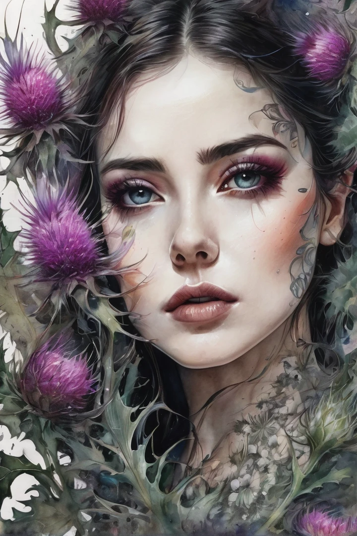 a woman, beautiful detailed eyes, beautiful detailed lips, extremely detailed eyes and face, long eyelashes, bigfigure, thistle flowers, aesthetics of horror, extremely detailed drawing, double exposure, watercolor, ink, conceptual art, closeup, lumen, octane, dark botany, (best quality,4k,8k,highres,masterpiece:1.2),ultra-detailed,(realistic,photorealistic,photo-realistic:1.37)