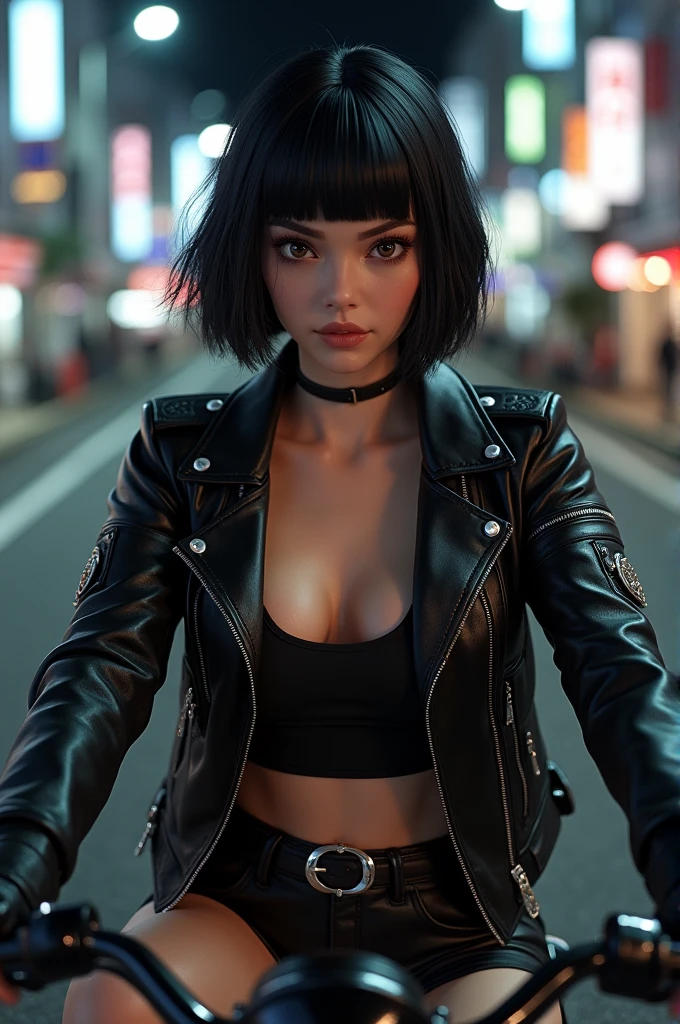 (8K HDR photorealistic pic), (cowboy shot), (Perfect Anatomy, top-quality, The ultra -The high-definition, high resolution, extremely details CG, 8K Unit Wallpapers), ((mature 26-year-old)), solo, Beautiful detailed eyes, black hair, short bob hair, blunt bang, (small breasts, slender body, athletic), gleaming skin, oily skin, (punk fashion, leather jacket, (tank top), micro shorts), (drive a motorcycle, Harley-Davidson), on road, Tokyo, at night
