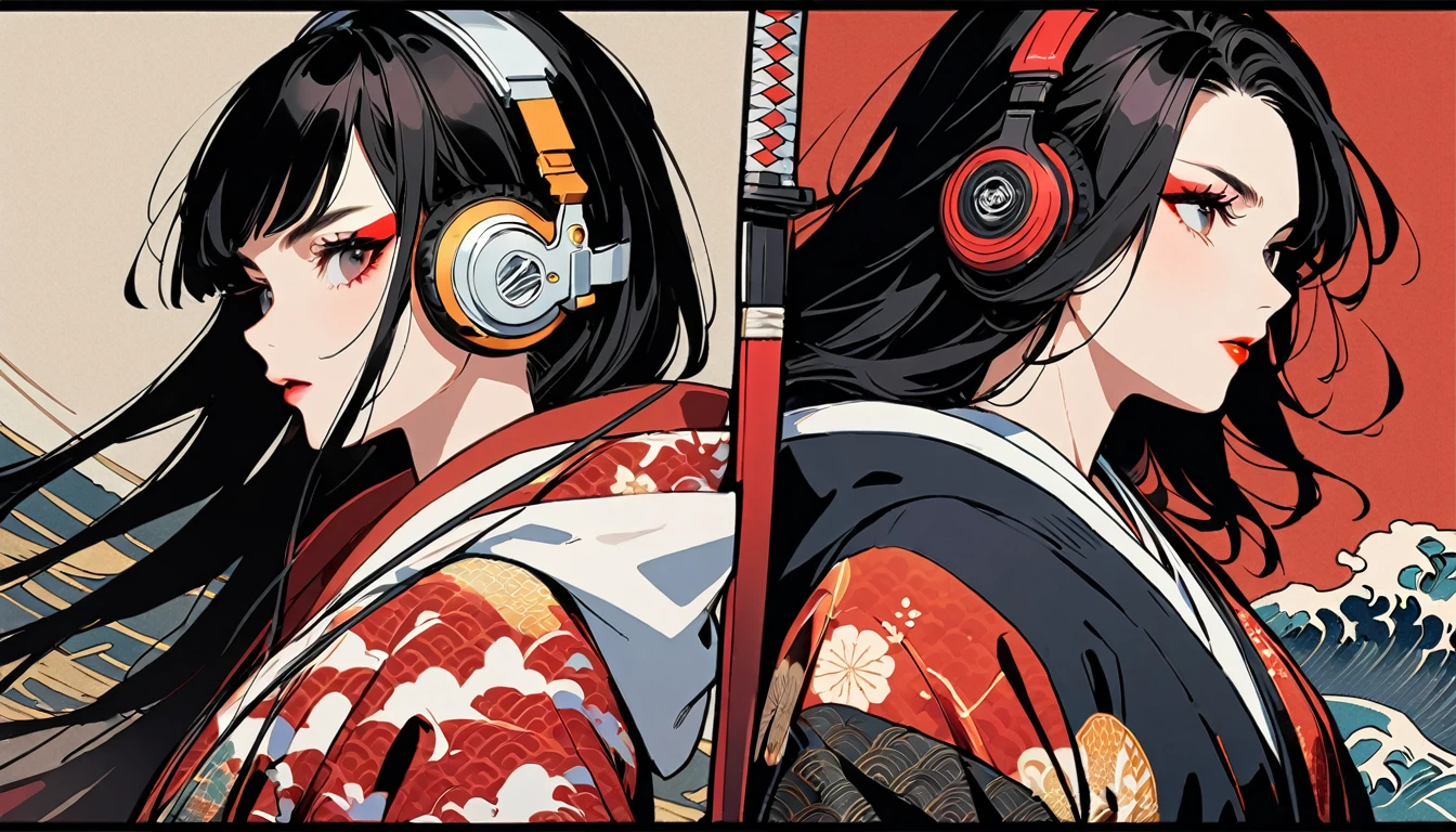 (((2 girl))), (((Flashy makeup))), (((Japanese style headphones))), (((Japanese pattern hoodie))), (((Japanese sword))), (((Female samurai))), Japanese beautiful girl, Black Hair, Delicate and precise, Modern ukiyo-e style, Japanese flag, battle mode