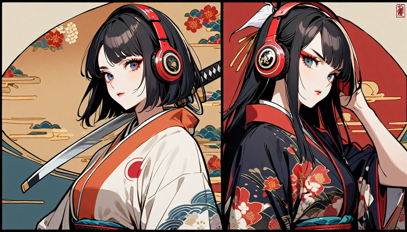 (((2 girl))), (((Flashy makeup))), (((Japanese style headphones))), (((Japanese pattern hoodie))), (((Japanese sword))), (((Female samurai))), Japanese beautiful girl, Black Hair, Delicate and precise, Modern ukiyo-e style, Japanese flag, battle mode