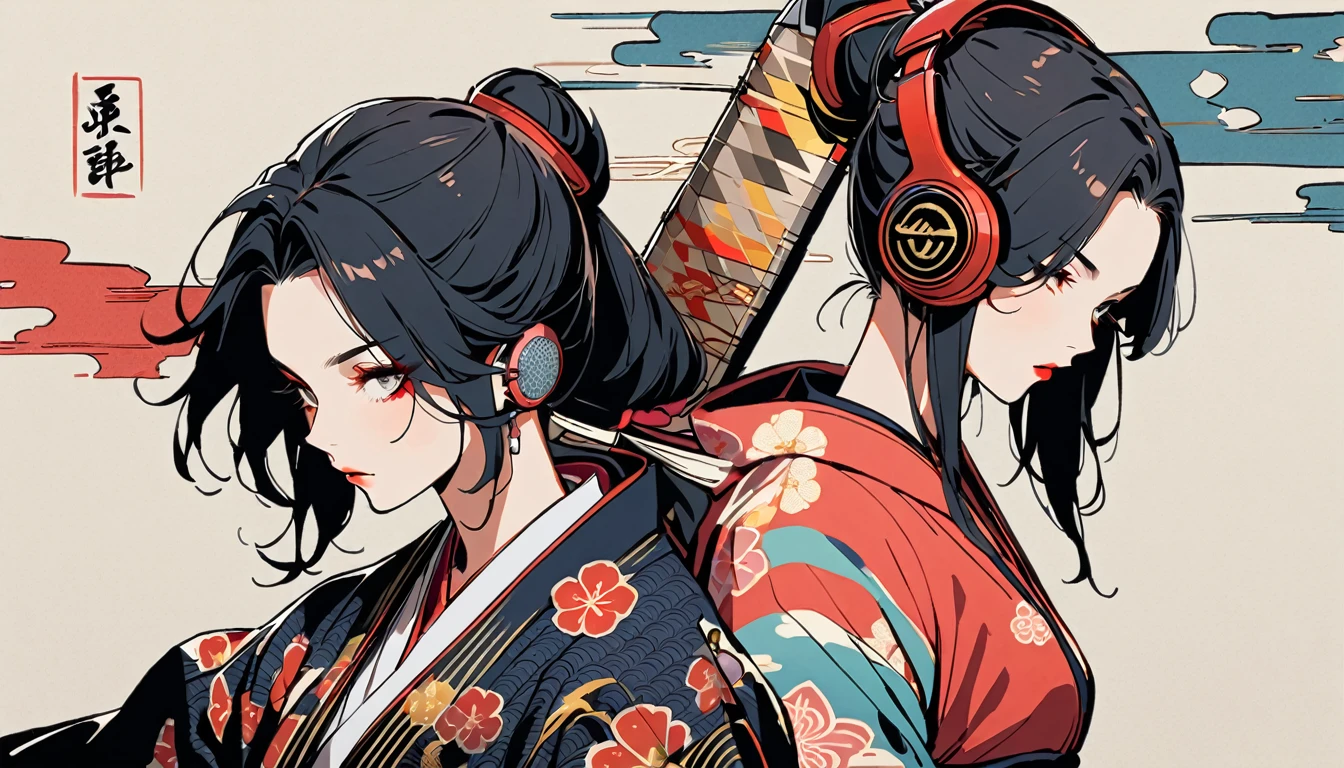 (((2 girl))), (((Flashy makeup))), (((Japanese style headphones))), (((Japanese pattern hoodie))), (((Japanese sword))), (((Female samurai))), Japanese beautiful girl, Black Hair, Delicate and precise, Modern ukiyo-e style, Japanese flag, battle mode