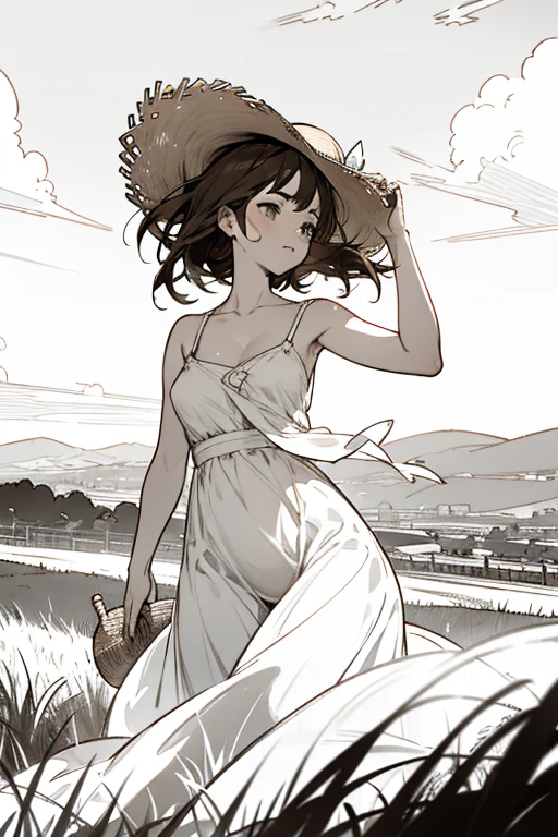 straw hat, brown-haired, white sundress, look through, Areola and nipple, pubic hair, Lush landscapes, The wind blows through, Strong sunlight, Clear contrast, masterpiece, top quality, top quality