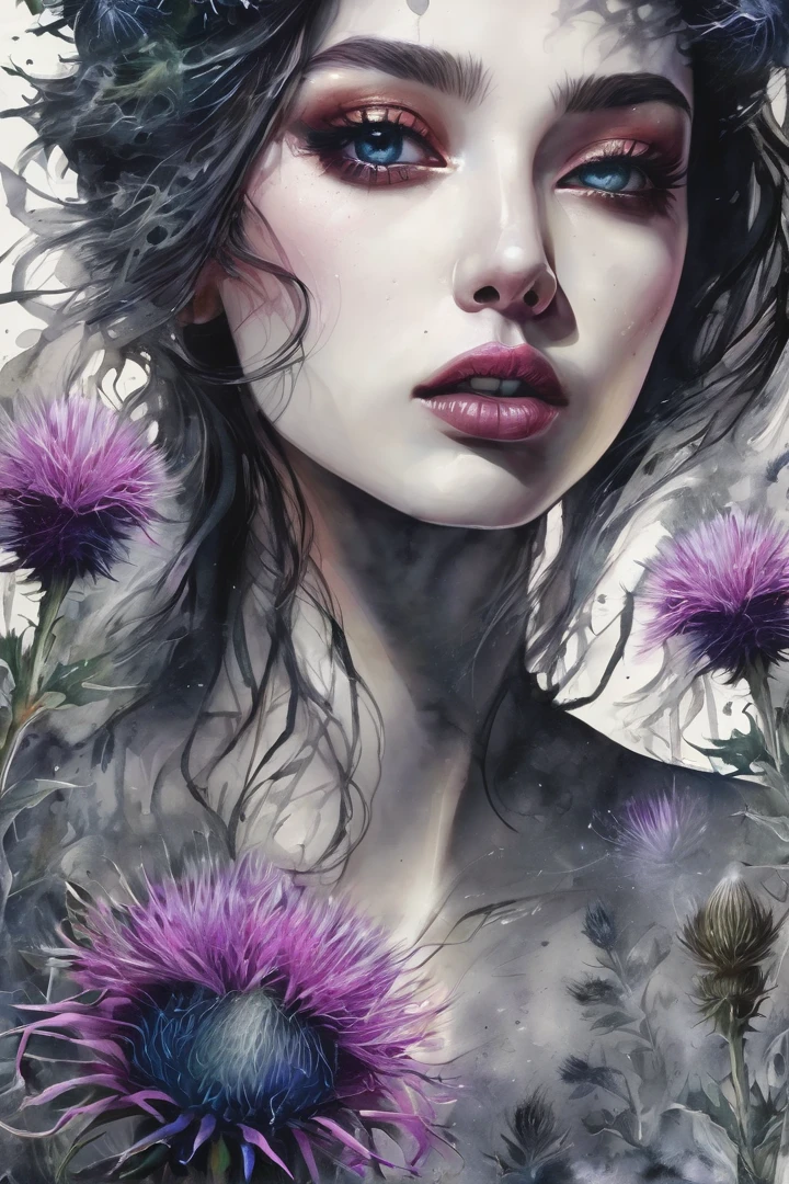 a woman, beautiful detailed eyes, beautiful detailed lips, extremely detailed eyes and face, long eyelashes, bigfigure, thistle flowers, aesthetics of horror, extremely detailed drawing, double exposure, watercolor, ink, conceptual art, closeup, lumen, octane, dark botany, (best quality,4k,8k,highres,masterpiece:1.2),ultra-detailed,(realistic,photorealistic,photo-realistic:1.37)