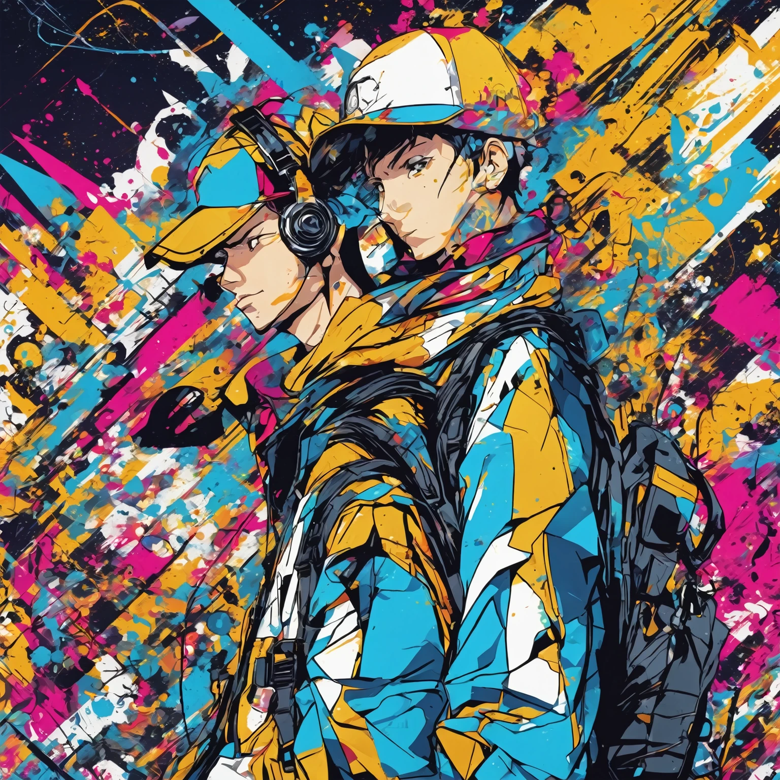 anime-style, Trigger Studio-Stil, manga art, Comics, Coloring, Graffiti Art, graphic, Poster in bright colors, Composition with the Golden Ratio, cool music guy