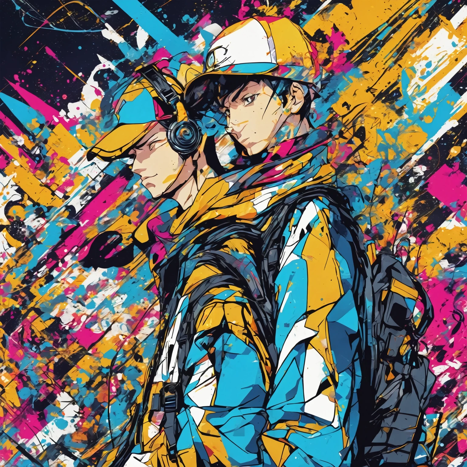 anime-style, Trigger Studio-Stil, manga art, Comics, Coloring, Graffiti Art, graphic, Poster in bright colors, Composition with the Golden Ratio, cool music guy
