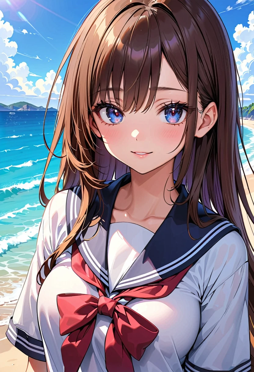 (best quality: 1.2, very detailed, high detail, latest, lively, masterpiece: 1.2, top quality, best aesthetic, perfect lighting, best shadow, high contrast, the best natural light), Anime artwork, 
anatomically correct, perfect hands, 
((attractive high school girl, 1 girl)), 
(Japanese school girl uniform, Japanese sailor suit), 
long straight hair, bangs, shiny dark brown hair, 
(very small head:1.3), long body, long limbs, white skin, slender body, toned body, 
sparkling dark eyes, moist eyes, (finely detailed beautiful eyes: 1.3), 
seductive face, adorable face, 
daytime, scenery, beautiful blue sky and ocean, natural light effects, 
cowboy shot, 
deep depth of field, 