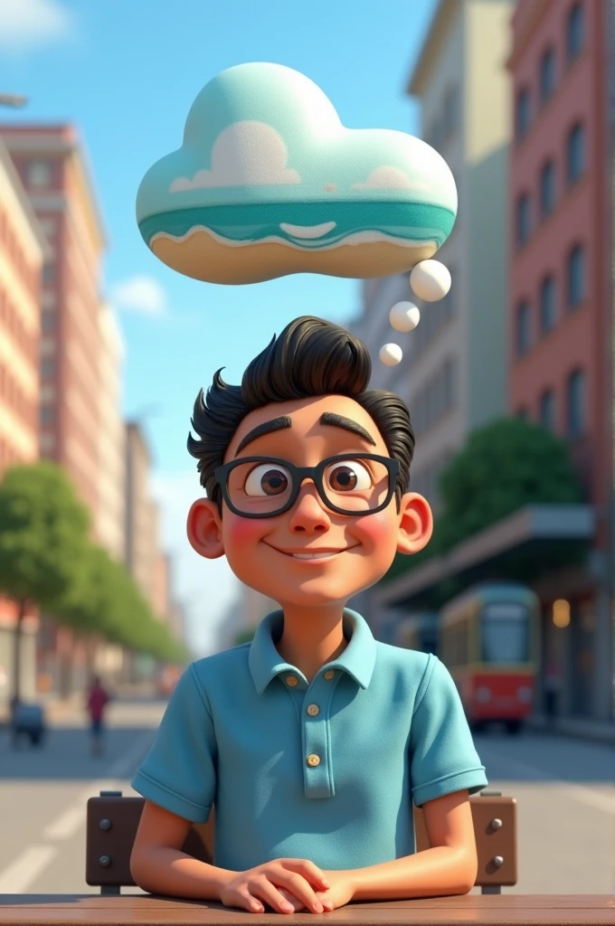 Create a Pixar-style 3D image of a cartoon character. The character is a man with prescription glasses, wearing a light blue polo shirt. He is sitting at a bus stop, with a very happy expression on his face. The scene should show a busy city street. The character has balloons above his head thinking about his music class and the title Mr. Llanos. The image of the beach is inside this cloud above the character's head. (Pixar Style) (Bokeh) (Best Quality) (Detailed Skin) (Detailed Texture) (8k) (Clay) (Cinematic Lighting) (Sharp Focus)