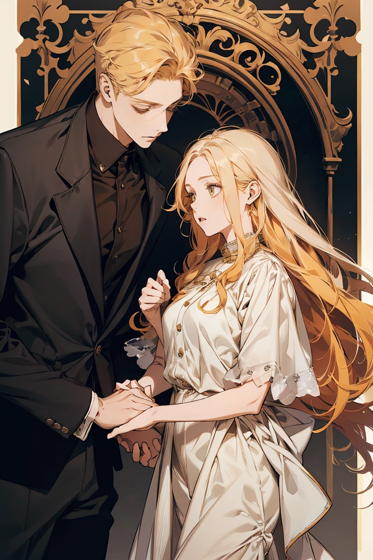 A woman with boy, woman is gray long hair, big breast, wearing white long dress, woman is 20s. Woman is adult, holding a 5-years old boys hand, boy is yellow hair, wearing poet shirt and shorts