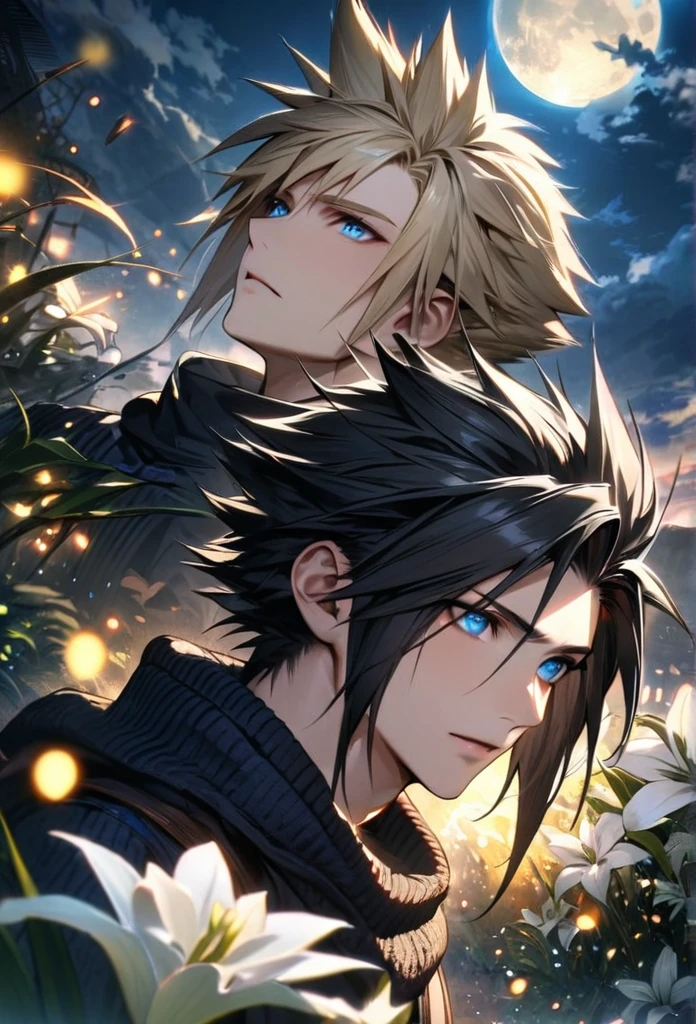 absurdres, highres, ultra detailed, HDR, master piece, best quality, Zack, black hair, expressive blue eyes, Final Fantasy, Cloud Strife, blond hair, expressive blue eyes, 2men together, handsome, petals, white lilies, moon, fireflies, extremely detailed face and eyes