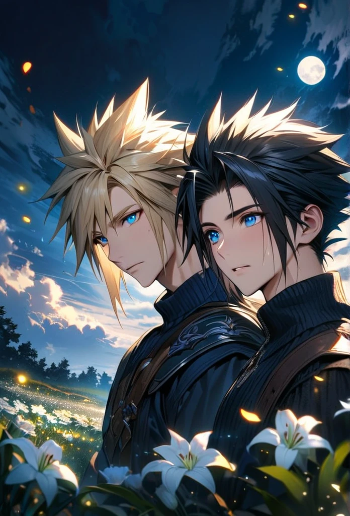 absurdres, highres, ultra detailed, HDR, master piece, best quality, Zack, black hair, expressive blue eyes, Final Fantasy, Cloud Strife, blond hair, expressive blue eyes, 2men together, handsome, petals, white lilies, moon, fireflies, extremely detailed face and eyes