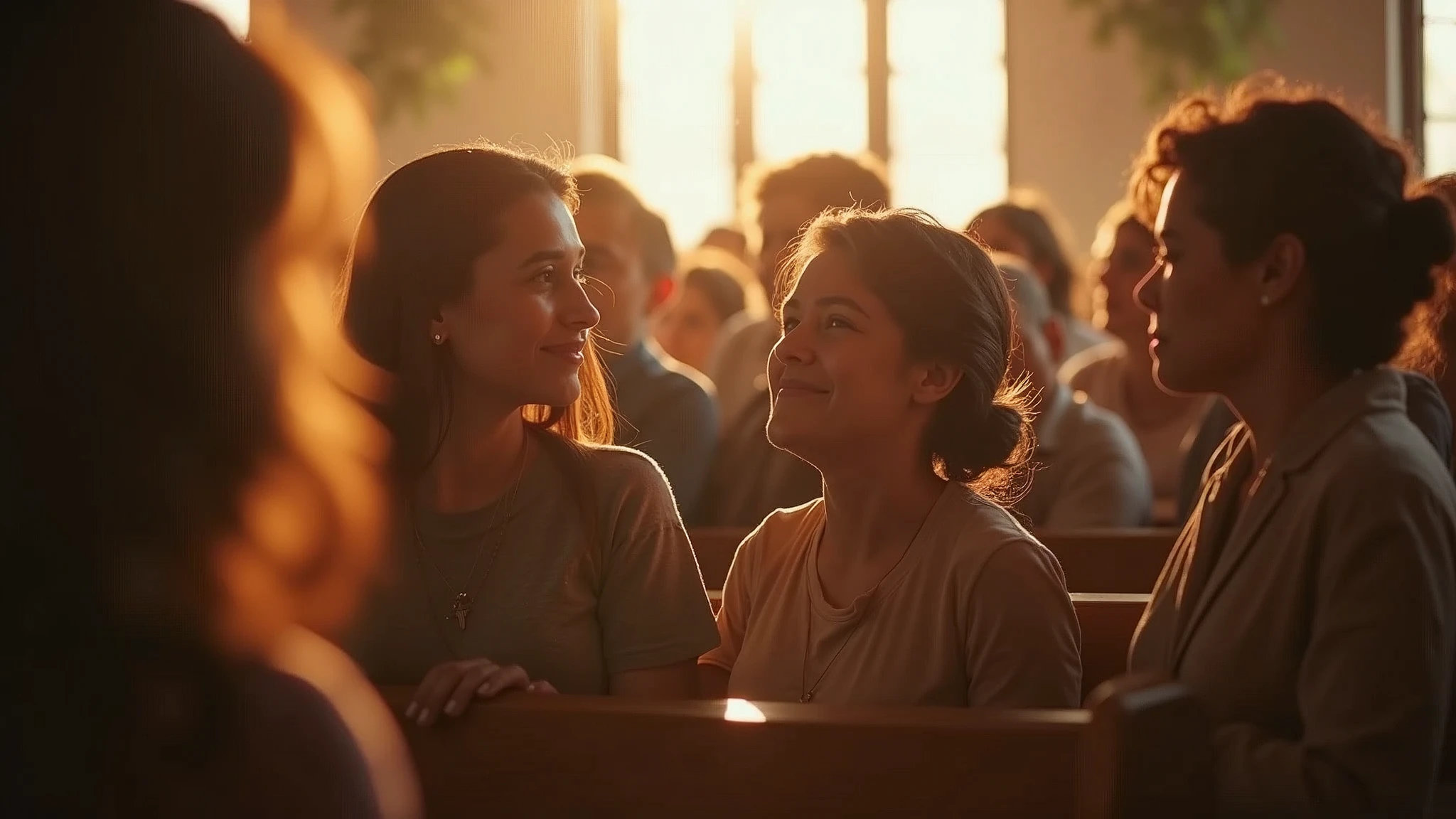 A supportive community of believers, carrying each other's burdens, in a warm and inviting church setting, mid-morning light, shot with a Sony A7S III, wide-angle lens, rich sepia tones --ar 16:9