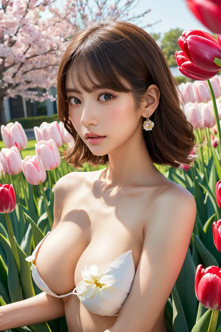 ((naked))、Anatomically correct depiction、masterpiece、Highest quality、8k、Attractive beautiful large almond-shaped eyes、Big black eyes、Long eyelashes、美しい桜colorの唇、A high, well-defined nose、color々Hairstyle、美しく輝くcolor々な髪color、((Realistic:1.3))、Bold composition、Highly detailed face、Detailed、Golden Ratio Face、Ultra-high resolution、Beautifully detailed and realistic white skin、One-flowered tulip、Japanese Gal、(blush:1.2)、present、Holding tulips with love、((Big Breasts:1.2))