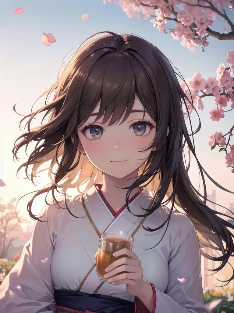 detailed、(Real、Photorealistic、Photorealistic:1.37)、oil、Portraiture、colorful、pastel colour、Soft lighting、garden、Serene atmosphere、Captivating smile、Pure and innocent、Golden Hour、Slightly blurred background、Bright colors、Happy expression、Brown Hair、Semi-long hair、Graceful pose、Natural lighting、Floating Petals、Dreamy atmosphere、Breeze、Delicate features、Cat ear、Drinking tea、kimono
