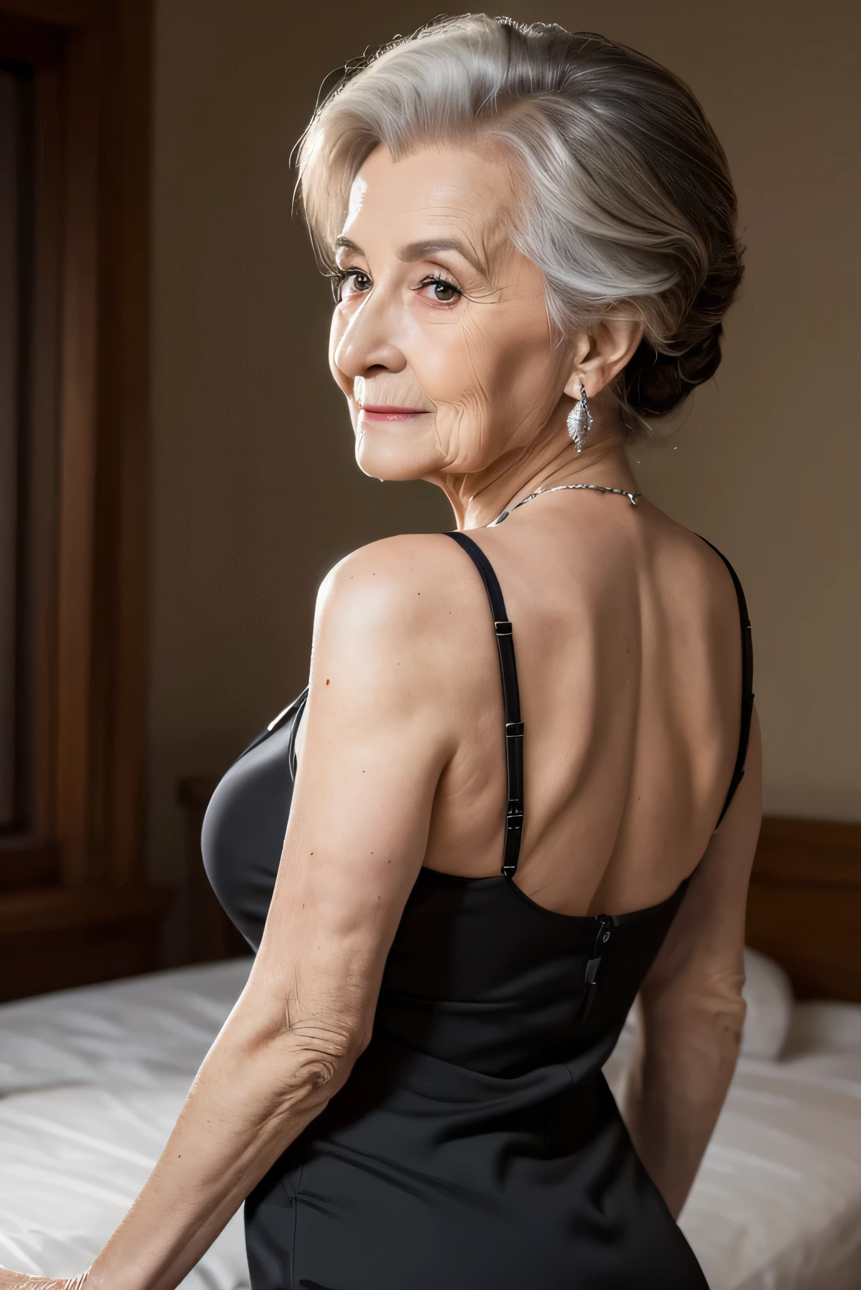 Highest quality, masterpiece, High resolution, Realistic, RAW Photos, 8k wallpaper, perfection, Professional Lighting, Very detailed, ((Beautiful old woman)), 80 years old, ,((Rear View))Sexy old woman, ((Sexy black mini dress)), Cleavage, Upper Body, ((look into the viewer&#39;eye)), Detailed face, Beautiful eye, ((I&#39;looking forward to it)), In the stylish dining room, sunny, bangs, Shapely breasts, Short Bob Hair, Plump and glossy lips, Cowboy Shot, 