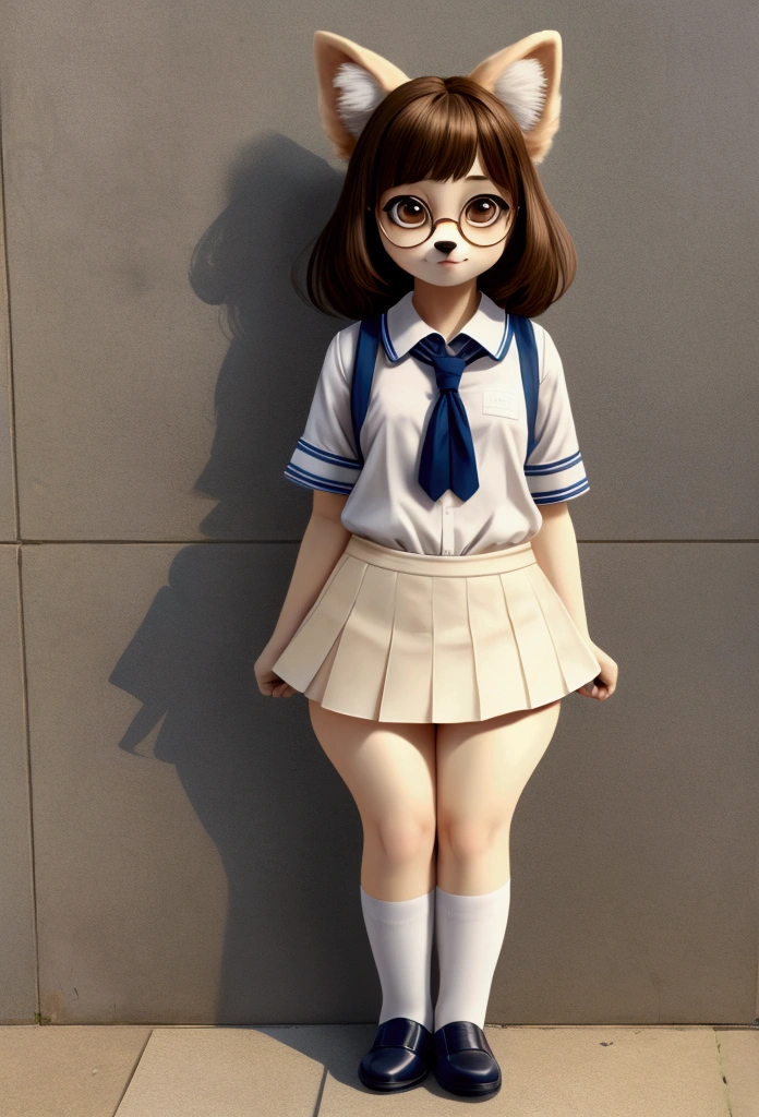 Small slim female dog with nice big thighs and cream colored fur and brown eyes and she is wearing a school uniform and also full body glasses and she is .