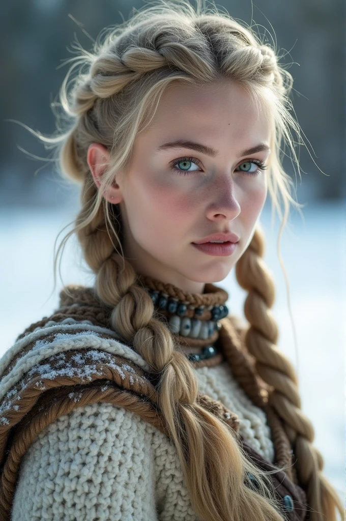 (realistic:1.2), Analog photo style, Scandinavian warrior woman, fantastic snowy setting, braided blonde hair, whole body, soft natural light, cute and sexy, pleasure, detailed face and green eyes, excellent quality, masterpiece, detailed northern background, 16k quality, RAW photo