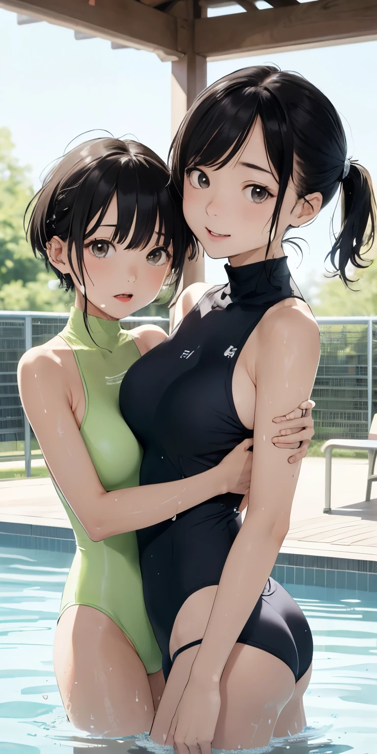 10 year old girl、Bigger breasts、((your breasts will grow、))Black Hair、(See through)、your breasts will grow、Background Outdoor pool、(My body is soaked..5)、Twin tails and super short bob hair、Realistically、(Two 10 year old girls hugging each other, your breasts will grow胸の膨らみを強調する)((Gross 5.5))(She is wearing a sleeveless light green turtleneck swimsuit..)，，Accentuate your cleavage，Looking up from below，blush，moist pink lips，sexy，Own，Please open your mouth wide、Place your arms behind your head、