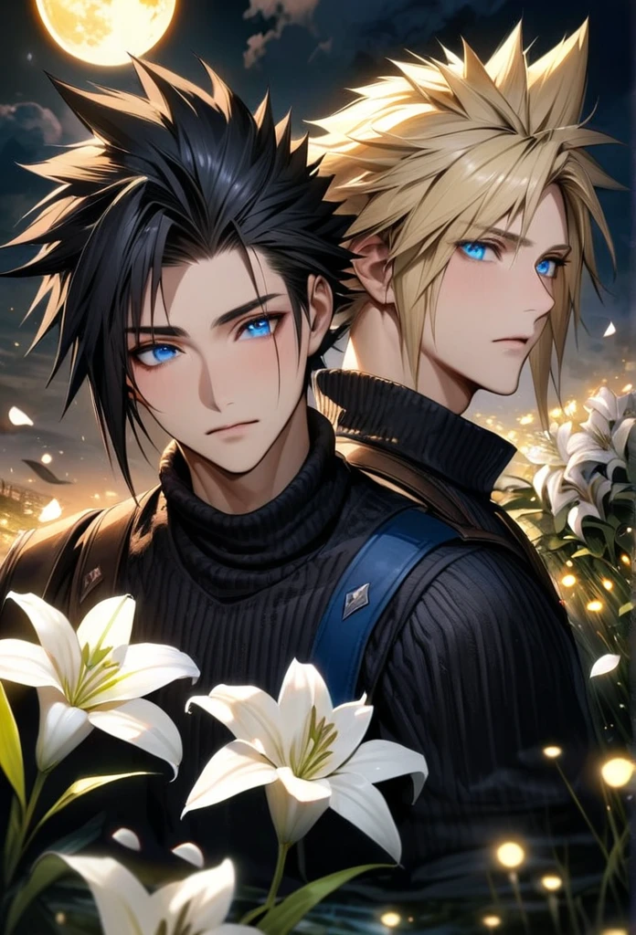 absurdres, highres, ultra detailed, HDR, master piece, best quality, Zack, black hair, expressive blue eyes, Final Fantasy, Cloud Strife, blond hair, expressive blue eyes, 2men together, handsome, petals, white lilies, moon, fireflies, extremely detailed face and eyes