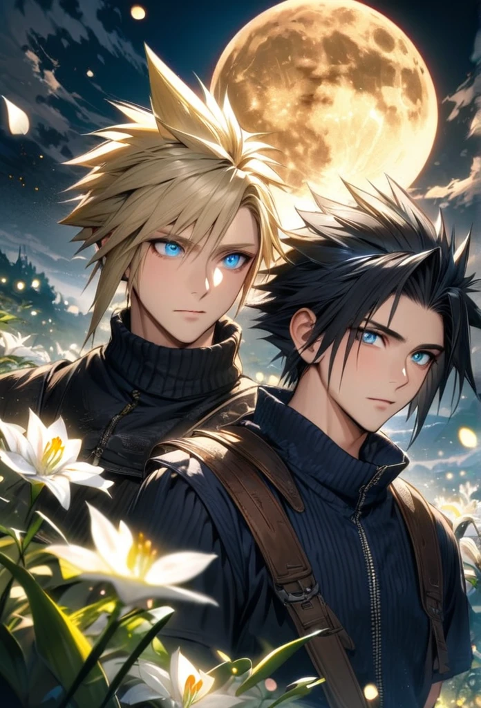 absurdres, highres, ultra detailed, HDR, master piece, best quality, Zack, black hair, expressive blue eyes, Final Fantasy, Cloud Strife, blond hair, expressive blue eyes, 2men together, handsome, petals, white lilies, moon, fireflies, extremely detailed face and eyes