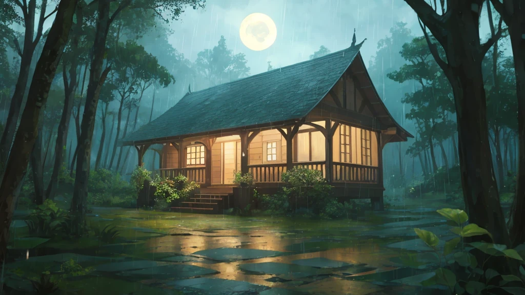 rain,forest,moon,room,
