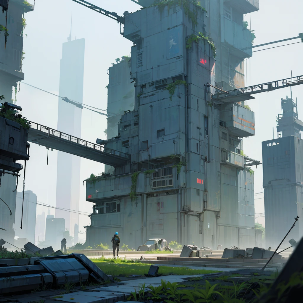 create a scene of a futuristic city abandoned in ruins with plants already dominating the place.
