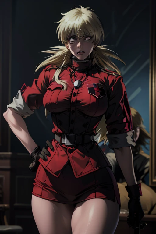 Seras,hellsing,detailed face,long blonde hair,breasts,large breasts,breast focus,beautiful detailed eyes,full lips,porcelain skin,vampire fangs,fierce expression,perky nose,waist-length hair,straight hair strands,vigorous body,well-toned muscles,fit physique,tall and slender body,battle-ready stance,red uniform,red jacket,black gloves,silver tiara,ornate cross necklace,dark atmosphere,gloomy background,ominous lighting,nighttime scene,dark shadows,high contrast,dramatic angles,vibrant colors,dynamic composition,mysterious aura,vampire powers,intense action scene,inspired by Gothic art,horror aesthetic,stylized interpretation,Bernadotte mansion,intricate details,realistic textures,bokeh effects,photorealistic rendering,ultra-detailed lines,high-res masterpiece,professional artwork,studio lighting,HDR enhancement, exposed thighs, thicc figure, sexy, naked thighs