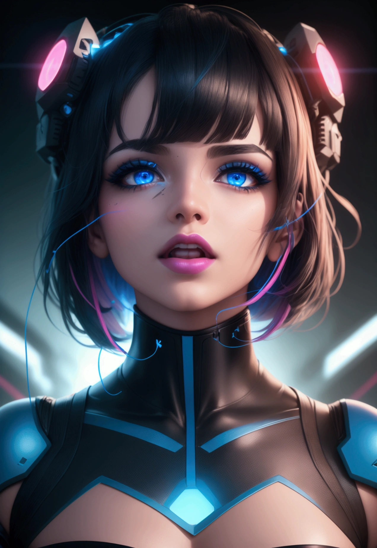 (Canon 50),(Rendered by octane),8k, seducer, symmetrical face, Dramatic cinematic lighting, (very strong blue lighting from behind), (light orange glow on the left side, Dramatic +2, hyper realist, Hi-Tech, Implant Helmet, spirited, very sexy pose. 1womanl, detail on the face, Focus on the face, straight short hair, bangss, hyperrealistic eyes, Integrated circuits exposed on the face, visual sensation of electric current passing through wires through circuits on the face, blue color background, highlight on lips that show fissures, lips with pink lipstick, half-open mouth showing part of the tooth. Black lined eye makeup. 