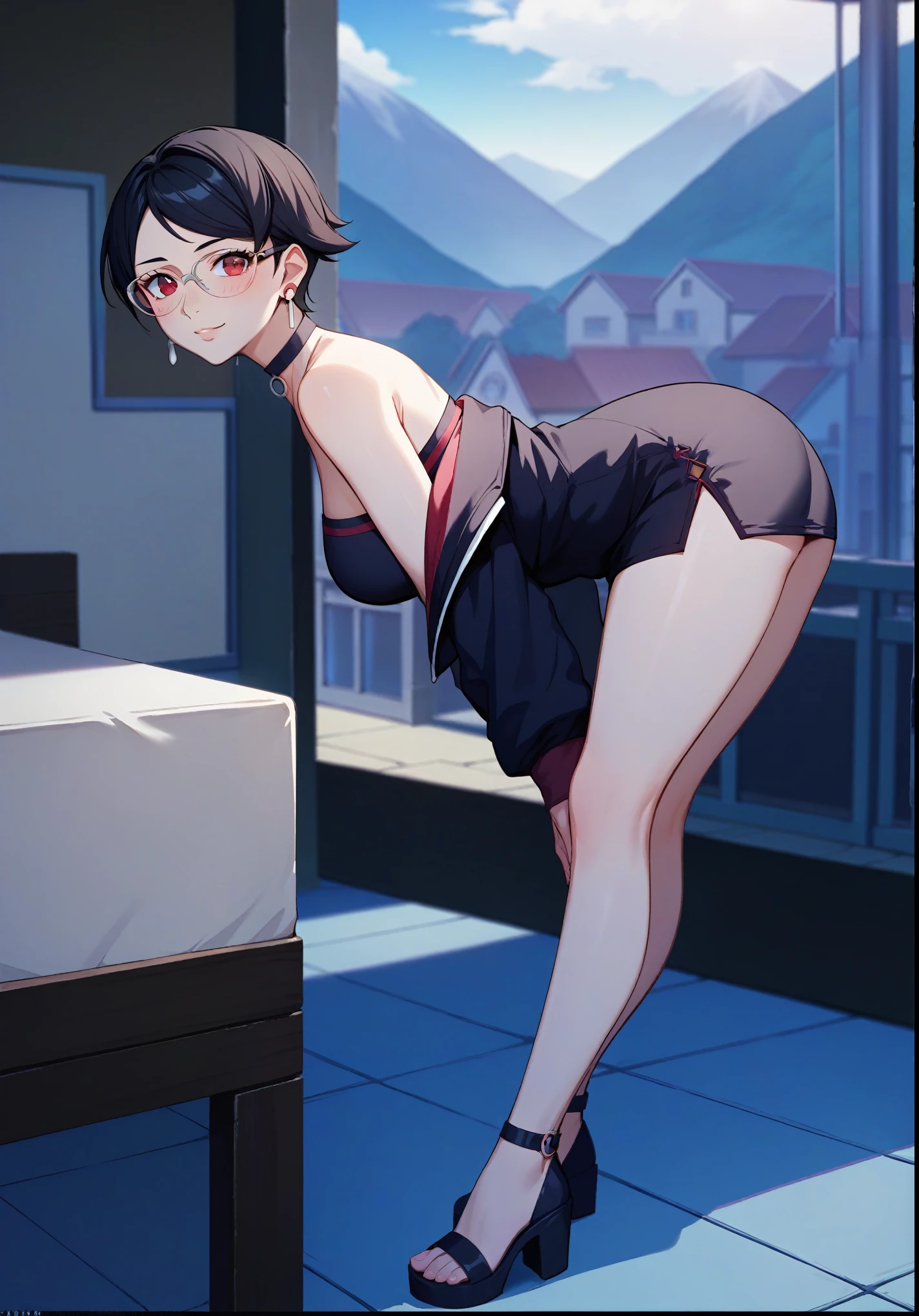 score_9, score_8_up, score_7_up, score_6_up, score_5_up, score_4_up, rating_questionable, , source_anime, digital illustration, pixiv, fanbox, uncensored, , BREAK, official art,
1girl, solo, mature female, sarada, black hair, red eyes, short hair, swept bangs, choker, glasses, earrings,
black jacket, black dress, off shoulder,  upper body, blush, waving,, outdoors, cowboy shot, looking at viewer, colorful, vivid, gaze looking at the camera,