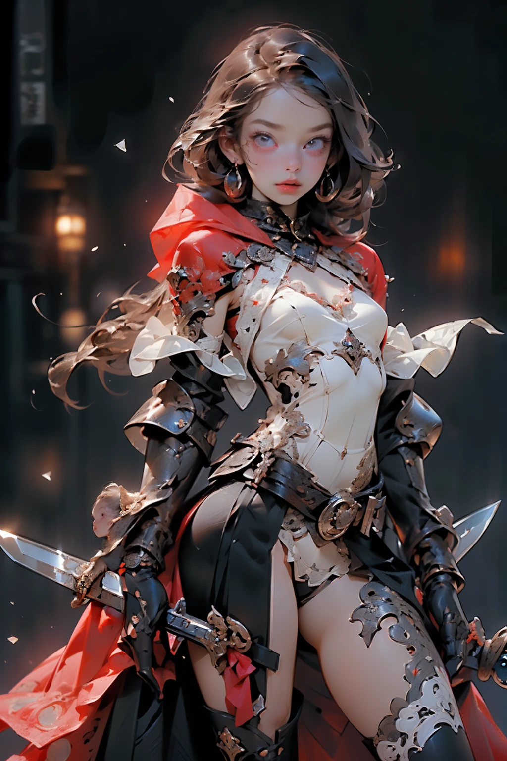 (((masterpiece, of the highest quality, super detailed))), (a female knight of an occult order), ((((a sword with a digital glitch-like effect to the blade as though it is rapidly flickering in and out of reality, with a very slight warping effect around it similar to gravitational lensing, is floating next to her)))), Edwardian/Victorian era inspired, ((minimal but intricate beautiful armour)), Fluttering lace flared dress with frilly petticoats, ((((Highly detailed face))), (((Very sharp focused eyes))), very long eyelashes, small breasts, (((flat chest:1.1))), occult aesthetic, (red and white clothing detailed and intricate steampunk and detailed gothic), (with a hood), complex lace boots