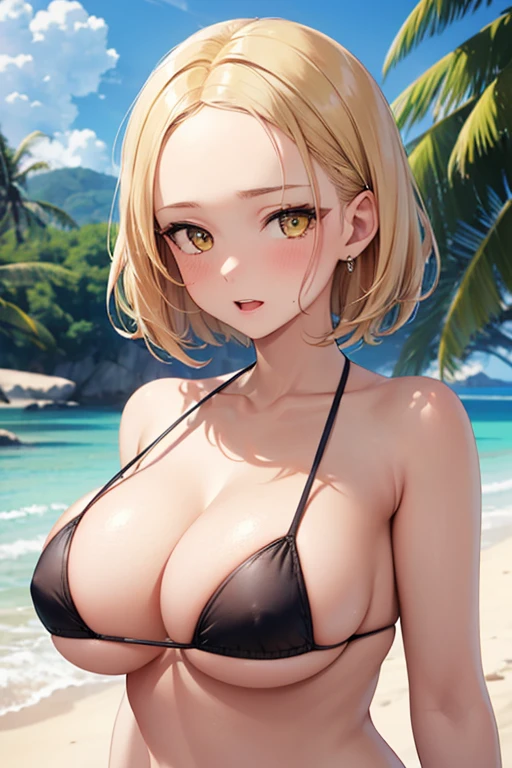 One Woman, Highest quality, masterpiece, Super Resolution, Large Breasts, Idol, Beauty, ((From the front 1.2)), Cleavage, 8k, High resolution eyes, High-resolution contours, ((Forehead visible 1.3)), Stylish, High-resolution pupils, blush, High resolution face, High resolution breasts, Ultra HD, Open your mouth, Upper Body, High resolution mouth, Sexy body, ((Cool face 1.5)), ((Hanging 1.3)), short hair, Broken bangs, Blonde, Yellow Eyes, model, Mature Woman, Adult women, Beautiful clavicle, High resolution hair, Mother, maternal, Micro Bikini, Underboob, Sideboob, Beach, Married Woman, couple,