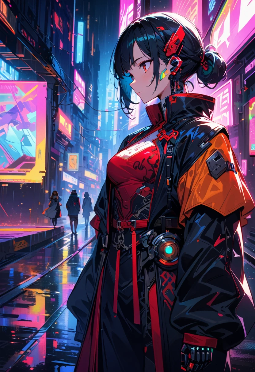 (best quality), (Ultra-fine), (masterpiece), illustration, A girl China costume cyberpunk, (cyberpunk,China costume,cybernetic implants),hair accessories, Vibrant colors,dynamic lighting,neon lights,glowing city skyline,Holographic projection,Fashionable clothing of the future,A mix of traditional and modern elements,Avant-garde makeup,Exquisite hairstyle,Confidence and determination,city environment,heavy rain,reflection on wet road,metal texture,Mechanical armor, Gorgeous accessories,High-tech gadgets,Impressive cybernetic enhancements,clear focus,gnarly details, Overclocked rendering, Cinematic edge light, fine light, masterpiece, Super details, epic work, ultra high definition, high quality, 32K