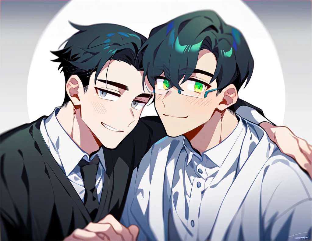2 young men, focus man , Yaoi, pair, 1 daughter, 2 twin sons, portable princess, bear, look elsewhere, smile, short hair, black hair, green eyes, black hair, gray eyes , The best aesthetics , best quality, Amazing quality, The best aesthetics, nonsense,bright