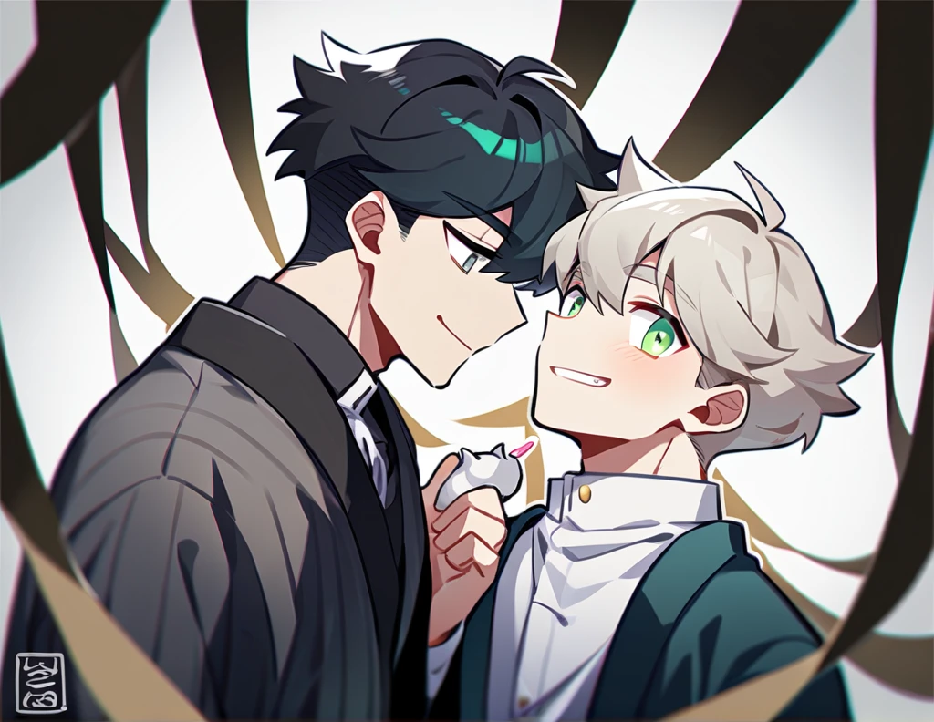 2 young men, focus man , Yaoi, pair, 1 daughter, 2 twin sons, portable princess, bear, look elsewhere, smile, short hair, black hair, green eyes, black hair, gray eyes , The best aesthetics , best quality, Amazing quality, The best aesthetics, nonsense,bright