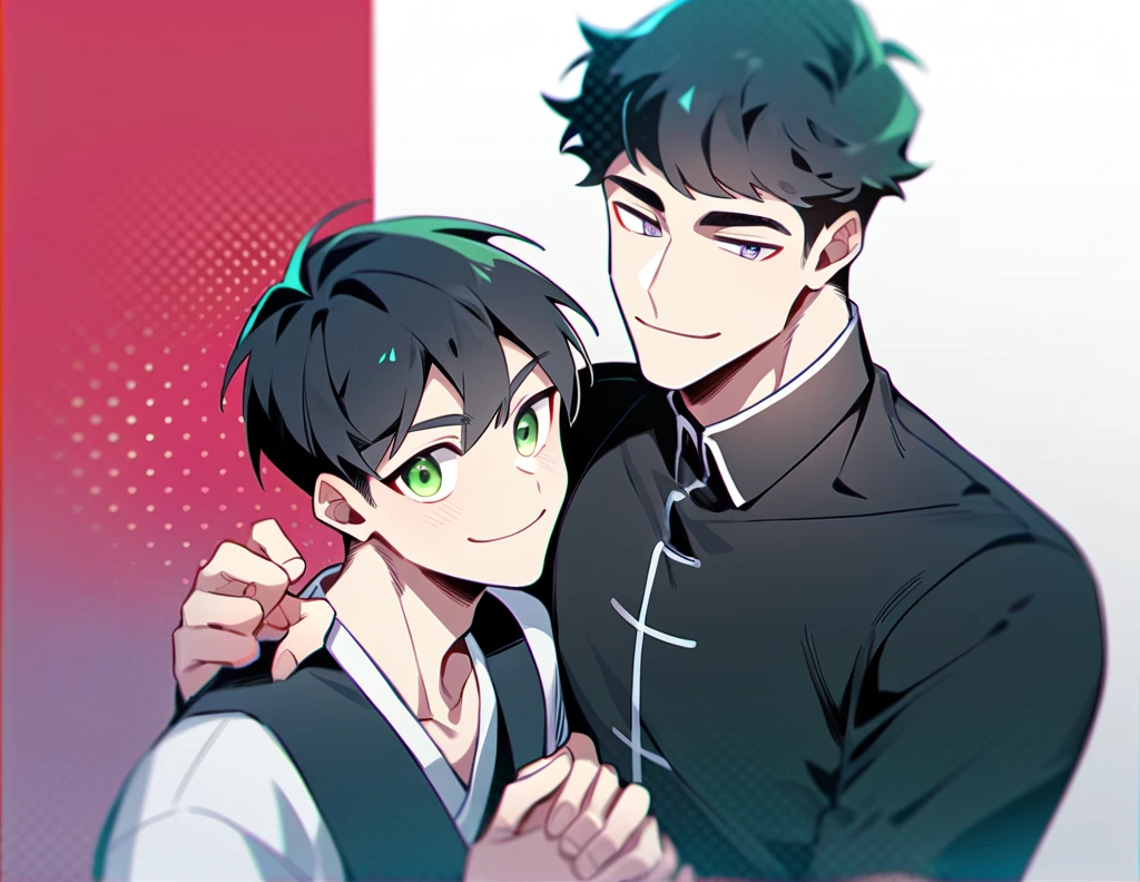 2 young men, focus man , Yaoi, pair, 1 daughter, 2 twin sons, portable princess, bear, look elsewhere, smile, short hair, black hair, green eyes, black hair, gray eyes , The best aesthetics , best quality, Amazing quality, The best aesthetics, nonsense,bright