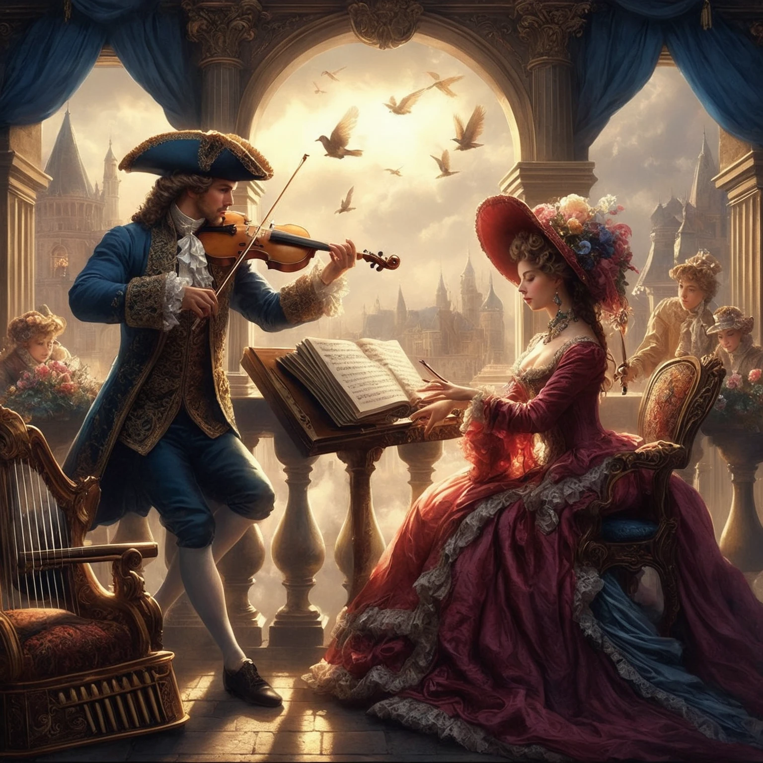 arafed image of a man and woman playing music in a castle, fantasy victorian art, baroque digital painting, romantic era painting, beautiful digital artwork, rococo art, by Alexander Kucharsky, rococo cyberpunk, romanticism art style, rococo painting, 8k high quality detailed art, rococo art style, art of edouard bisson