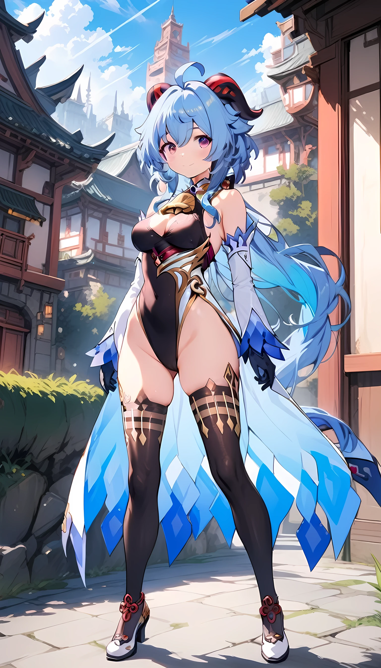 Masterpiece, 1girl, ahoge, bangs, bare shoulders, black gloves, black leotard, black thighhighs, blue hair, boots, breasts, building, cape, cleavage, cleavage cutout, closed mouth, clothing cutout, cloud, colored inner hair, covered navel, day, elbow gloves, full body, gloves, hair ornament, heel shoes, highleg, highleg leotard, goat horns, leotard, long hair, looking at viewer, medium breasts, multicolored hair, outdoors, purple eyes, skindentation, sky, solo, standing, thighhighs, thighs, two-tone hair, smile, ganyu \(genshin impact\)