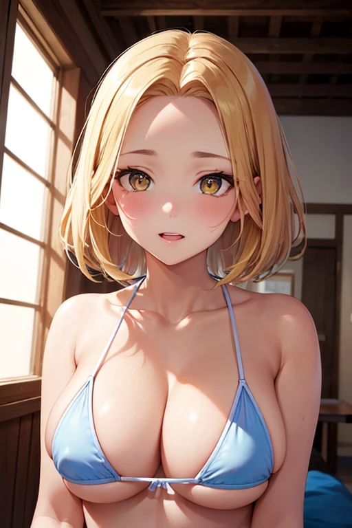 One Woman, Highest quality, masterpiece, Super Resolution, Large Breasts, Idol, Beauty, ((From the front 1.2)), Cleavage, 8k, High resolution eyes, High-resolution contours, ((Forehead visible 1.3)), Stylish, High-resolution pupils, blush, High resolution face, High resolution breasts, Ultra HD, Open your mouth, Upper Body, High resolution mouth, Sexy body, ((Cool face 1.5)), ((Hanging 1.3)), short hair, Broken bangs, Blonde, Yellow Eyes, model, Mature Woman, Adult women, Beautiful clavicle, High resolution hair, Mother, maternal, Micro Bikini, Underboob, Sideboob, Beach, Married Woman, couple,
