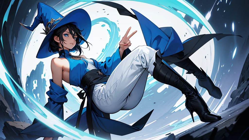 full body head to toe, human woman, sharp blue eyes, round face, small slightly upturned nose, curious expression, shoulder length blue-black hair, an oversized blue wizard hat with a big very large rim